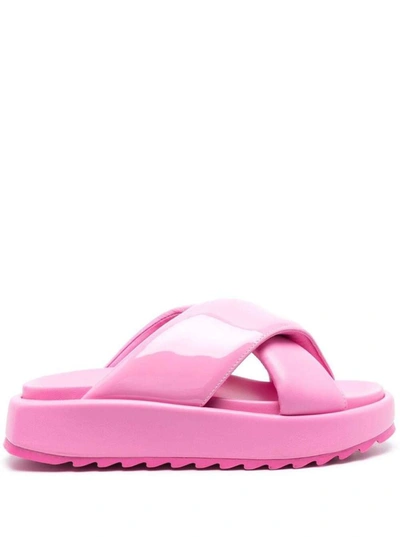 GIA BORGHINI PINK CROSSOVER STRAP SLIDES GLOSSY FINISH IN LEATHER WOMAN