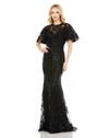 MAC DUGGAL EMBELLISHED FLUTTER SLEEVE HIGH NECK GOWN