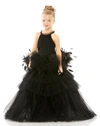 MAC DUGGAL GIRLS HIGH NECK TULLE DRESS WITH FEATHER DETAIL
