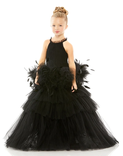Mac Duggal Girls High Neck Tulle Dress With Feather Detail In Black