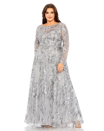 Mac Duggal Long Sleeve High Neckline Embroidered Gown In Charcoal