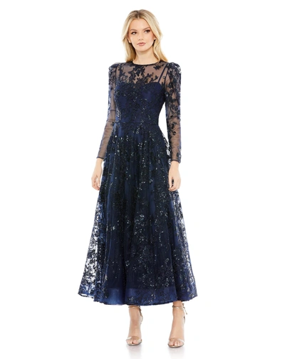 Mac Duggal Embroidered Illusion High Neck A Line Dress In Navy