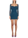 Self-portrait Gathered-detail Long-sleeve Dress In Blue