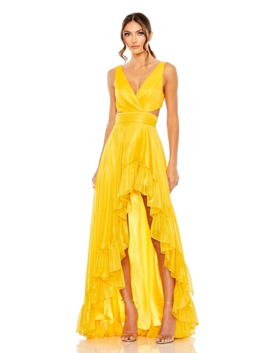 Ieena For Mac Duggal Cut Out High Low Ruffle Gown In Marigold