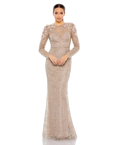 Mac Duggal Embellished Shoulder Detail Long Sleeve Gown In Taupe