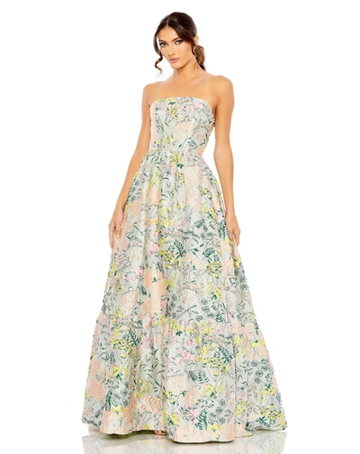 MAC DUGGAL MULTICOLOR STRAPLESS FLORAL BROCADE A-LINE GOWN