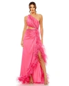 Mac Duggal One Shoulder Key Hold Detail With Feather Lining Dress In Hot Pink