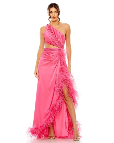 Mac Duggal One Shoulder Key Hold Detail With Feather Lining In Hot Pink