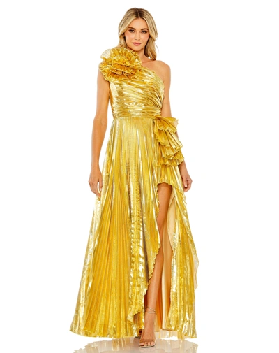 Mac Duggal One Shoulder Pleated Gown In Gold