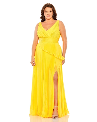 Mac Duggal Pleated V-neck Gown In Marigold