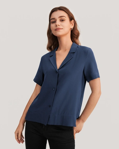 Lilysilk Women's V Neck Half-sleeve Notch Silk Shirt In Blue