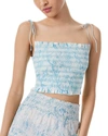 Alice And Olivia Kathlyn Cropped Ruffled Smocked Printed Voile Top In Beige