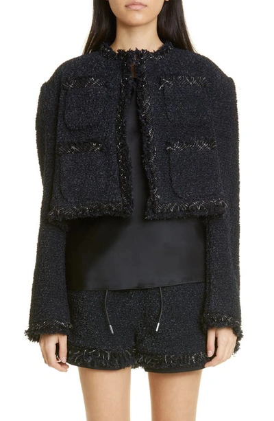 Sacai Metallic Fringe Crop Tweed Jacket In Black