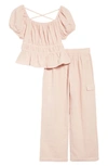 Love, Fire Kids' Cotton Gauze Top & Wide Leg Pants Set In Rose Dust