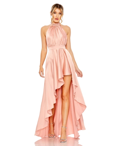 Mac Duggal High Neck Satin High Low Gown In Rose