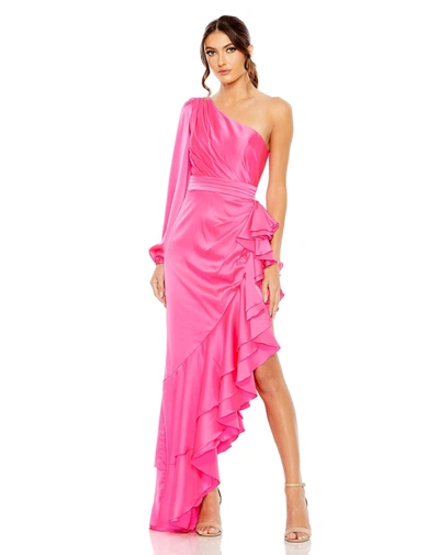 Ieena For Mac Duggal One Sleeve Cut Out Asymettical Ruffled Gown In Hot Pink