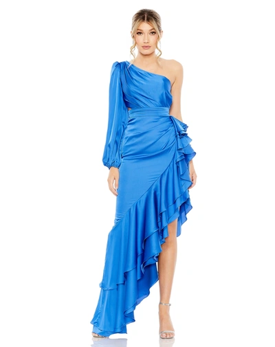 Ieena For Mac Duggal One Sleeve Cut Out Asymettical Ruffled Gown In Cobalt