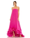 MAC DUGGAL STRAPLESS FLARE FEATHER HEM GOWN