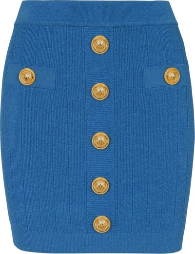 Balmain Buttoned-short-knit-pencil-skirt In Blue