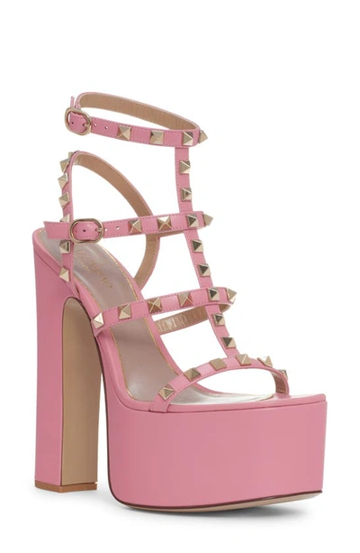 Valentino Garavani Pink Rockstud T-strap Heeled Sandals In Pastel Pink