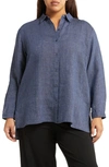 Eileen Fisher Organic Linen Long Sleeve Button-up Shirt In Blue