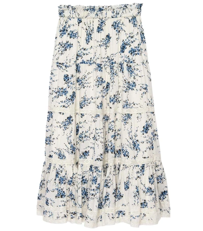 The Great Lace trimmed Tiered Floral print Cotton voile Midi Skirt In Blue Jasmine Floral ModeSens