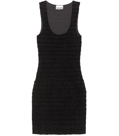 Ganni Smocked Stretch Recycled-velvet Mini Dress In Black