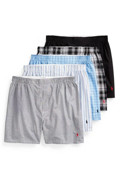 Polo Ralph Lauren Assorted 5-pack Woven Cotton Boxers In Gray/blue Plaid Combo