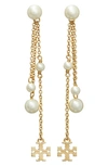 Tory Burch Kira Imitation Pearl Linear Drop Earrings In Tory Gold / Cream