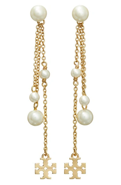 Tory Burch Kira Imitation Pearl Linear Drop Earrings In Gold
