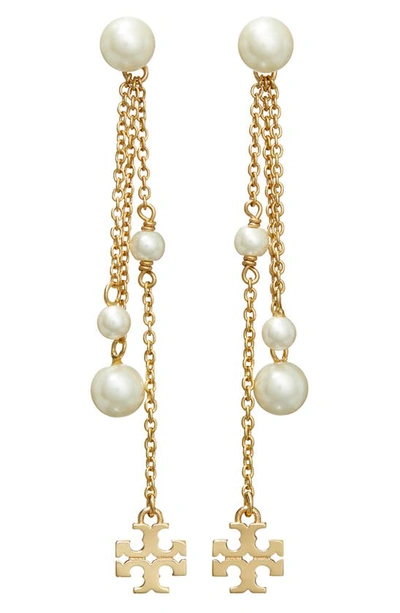 Tory Burch Kira Imitation Pearl Linear Drop Earrings In Tory Gold / Cream