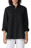 Eileen Fisher Side-slit Button-down Linen Shirt In Black