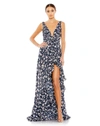 Mac Duggal Floral Print Sleeveless Ruffled High-low Gown In Navy Multi