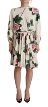 DOLCE & GABBANA DOLCE & GABBANA WHITE ROSE PRINT LONG SLEEVES A-LINE WOMEN'S DRESS