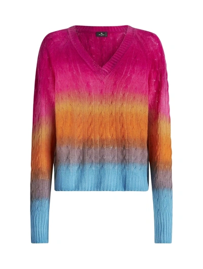 Etro Multicolor Wool Knit V-neck Sweater In Orange