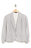 Amanda & Chelsea Three-quarter Scrunch Sleeve Railroad Stripe Blazer In Blue/ White
