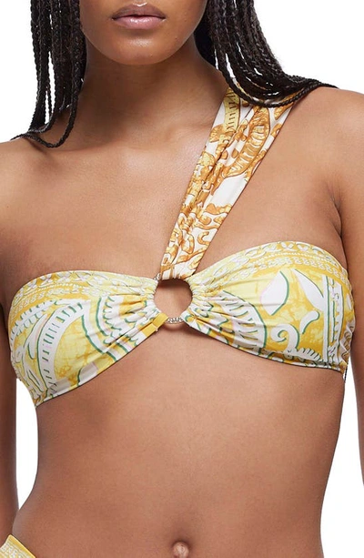 River Island Knot Detail Print Bandeau Bikini Top In Yellow