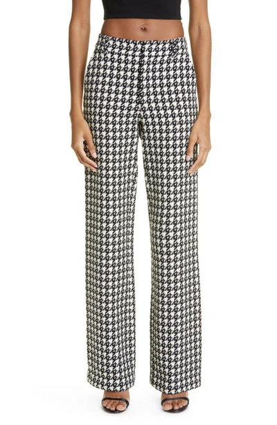 Area Houndstooth Crystal Embellished Cutout Straight Leg Wool Blend Trousers In Black