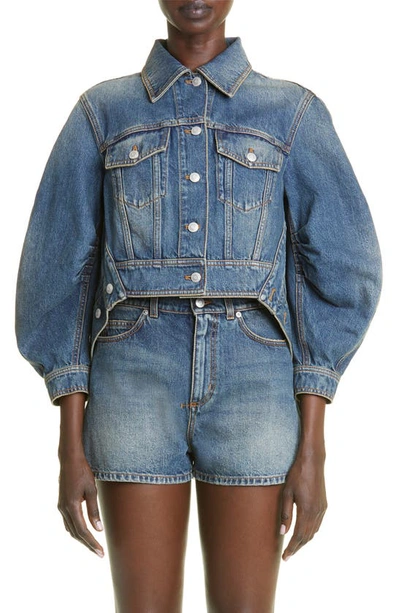 Alexander Mcqueen Cropped Puff-sleeve Denim Jacket In Blue