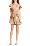 Alice And Olivia Mckell Vegan Leather Flutter-sleeve Mini Dress In Almond