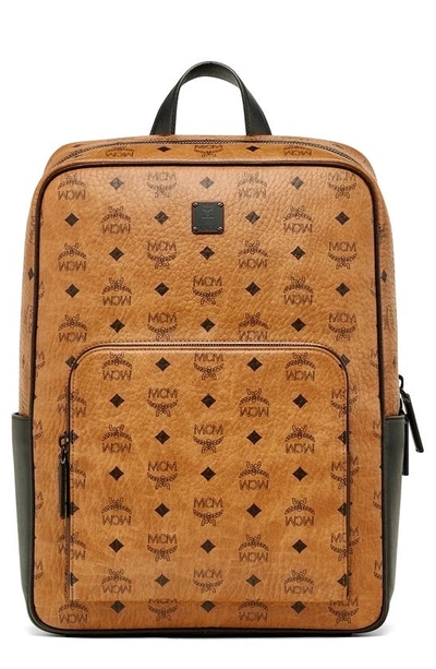 Mcm Aren Visetos Logo Monogram Medium Backpack In Cognac