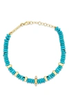 Zoë Chicco 14k Gold & Turquoise Rondelle Bead Bracelet With 2 Prong Diamonds In 14k Yellow Gold