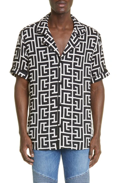 Balmain Geometric-print Short-sleeve Shirt In Ivoire Noir