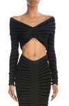 Alaïa Ribbed Off-shoulder Crop Top W/ Tie Front In Black