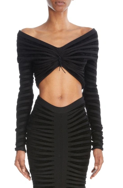 Alaïa Ribbed Off-shoulder Crop Top W/ Tie Front In Black