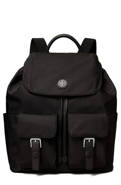 Tory Burch Nylon Flap Backpack In Black/silver