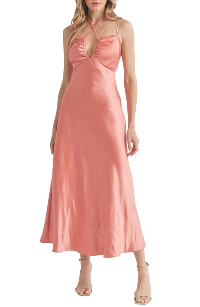 Floret Studios Satin Strappy Halter Midi Dress In Pink