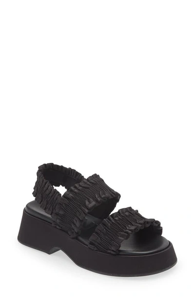 Ganni Smocked Slingback Flatform Sandals In Black