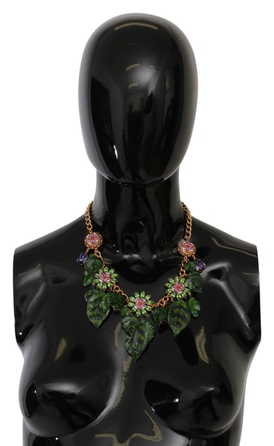 Dolce & Gabbana Floral Crystal Charm Gold Brass Statement Necklace
