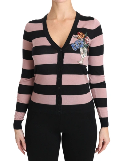 Dolce & Gabbana Embroidered Striped Cashmere Cardigan In Pink